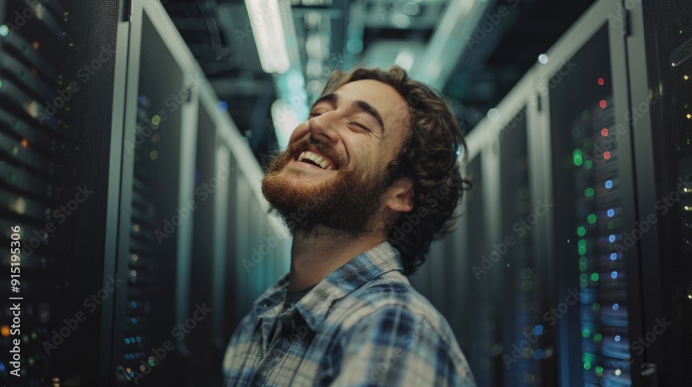 Poster a man smiles while working in a server room with rows of equipment and computer racks
