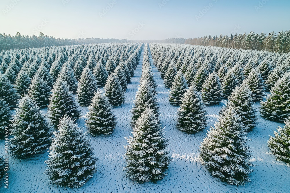 Sticker Snow-covered evergreen trees stretch across a winter landscape under a clear blue sky, creating a serene and peaceful atmosphere