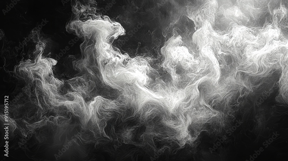 Leinwandbilder Swirling white clouds create an ethereal effect against a deep black backdrop, showcasing intricate patterns and fluid dynamics in the air