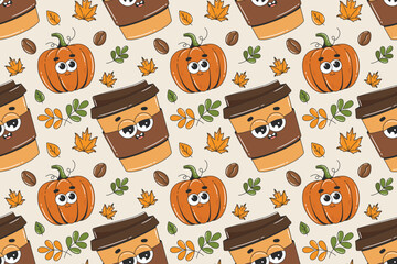 Autumn seamless pattern with coffee cup and pumpkin in trendy groovy style. Retro thanksgiving pattern background. Fall vibe 70s-80s vintage style