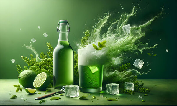 Waldmeister Limonade mit Glas in einer Glasflasche, Eisw&uuml;rfel und splashes mit copy space