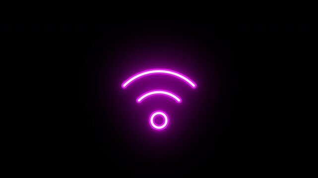 Neon wifi icon, network connection animation. Wireless internet, 5g wifi signal, hotspot, search connection, find new device. Glowing neon wifi sign, looped animation. Magenta, violet colors