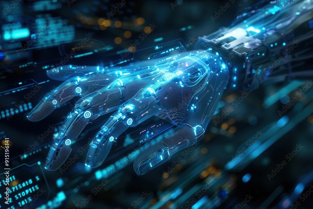 Poster A sophisticated robotic hand extends towards a glowing digital interface, showcasing advanced technology and innovation in a dark setting