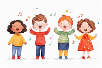 Four cheerful children singing joyfully, surrounded by musical notes. Perfect for children's artwork or educational themes.