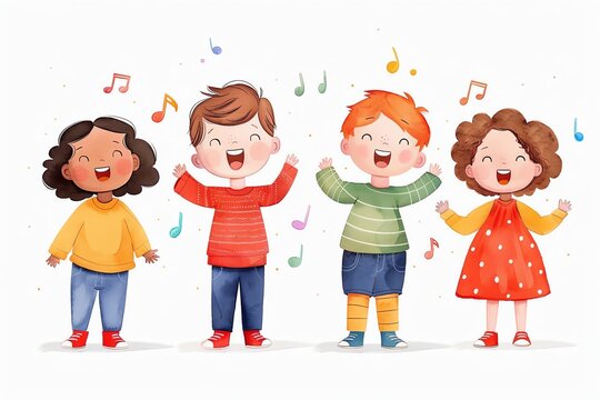 Four cheerful children singing joyfully, surrounded by musical notes. Perfect for children's artwork or educational themes.