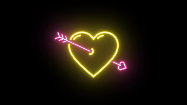 Neon love heart, color shift animation. Glowing neon heart icon with cupid arrow, looped color blink animation. Sweet love and passion, romantic date, amore, love feeling. Pink, golden colors