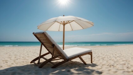 Sunny beach with lounge chair and umbrella on sandy shore.