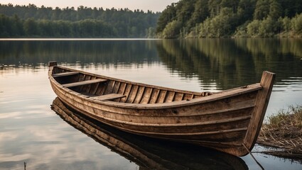 Obraz premium Wooden boat on a serene lake surrounded by forest.