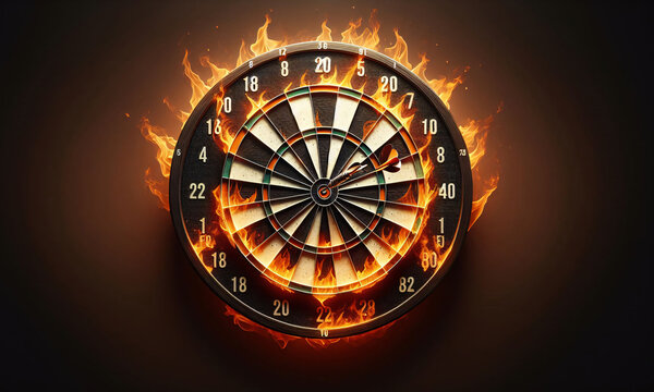 Brennende Dartscheibe mit Pfeil, copy space