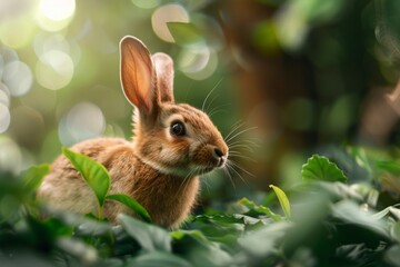 Fototapeta premium An outdoors quadruped lagomorph thrives in a lush landscape