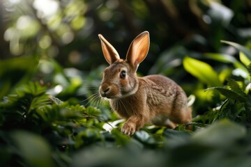 An outdoors quadruped lagomorph thrives in a lush landscape