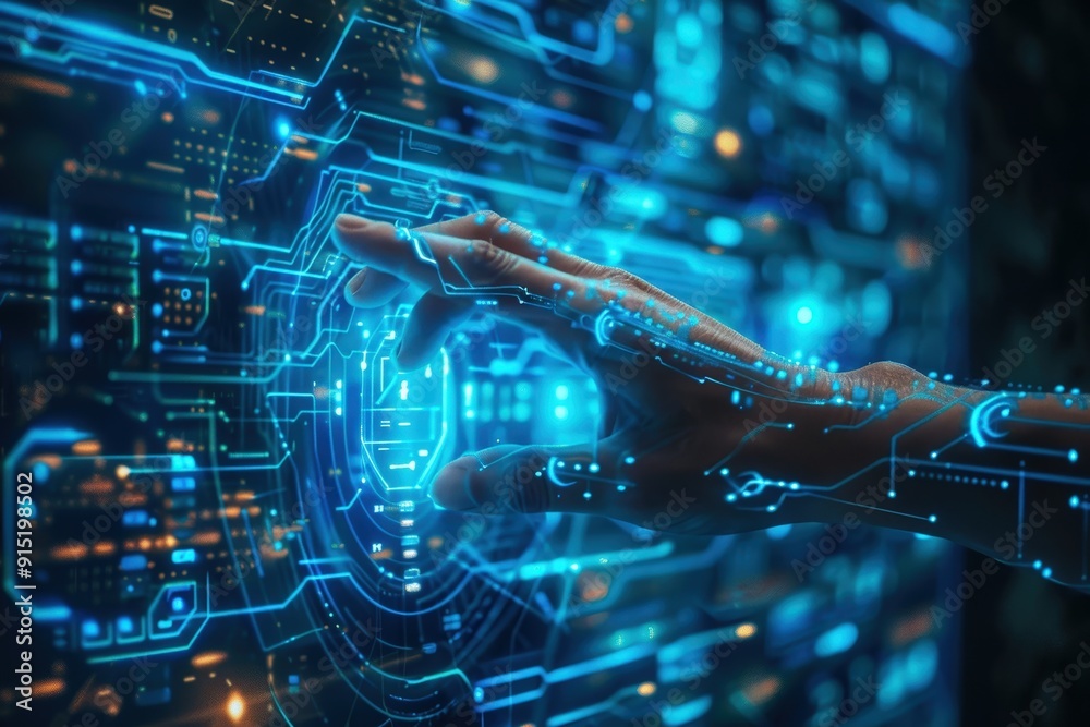 Poster A hand reaches out to engage with a glowing, high-tech display filled with intricate blue circuits and data patterns