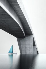 A modern grey bridge with clean lines and a smooth concrete surface spans a tranquil grey river, with a single, vivid blue sailboat passing underneath, creating a striking contrast.