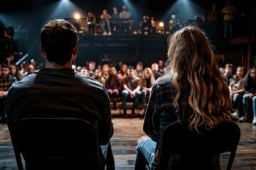 Two individuals sit facing away from the viewer in a theatrical setting, engaged with an audience, creating a sense of storytelling, expression, and performance art.