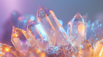 Intricate Quartz Crystal Illustration: Faceted and Translucent Mineral with Prismatic Light Effects