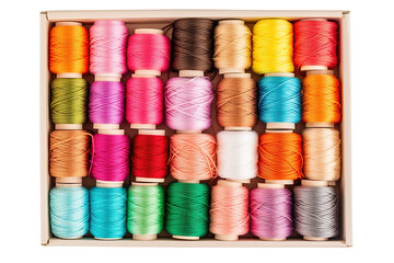 Colorful Spools of Thread Perfectly Arranged in a Crafting Box Displaying Artistic Potential on a Bright Sunny Day on Transparent PNG Background.