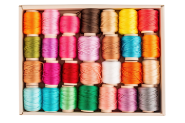 Colorful Spools of Thread Perfectly Arranged in a Crafting Box Displaying Artistic Potential on a Bright Sunny Day on Transparent PNG Background.