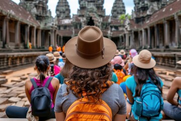 A group of tourists attentively listening to a guide in an ancient temple complex surrounded by stone towers, indicating a sense of cultural immersion and historical learning.