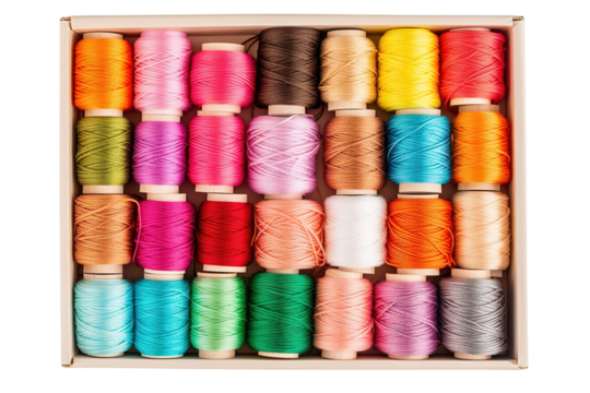 Colorful Spools of Thread Perfectly Arranged in a Crafting Box Displaying Artistic Potential on a Bright Sunny Day on Transparent PNG Background.