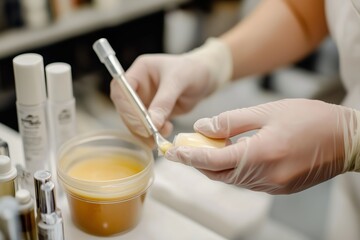 Person Applying Skin Treatment in Professional Beauty Studio With Organized Supplies