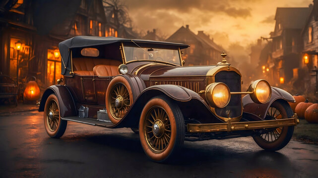 Vintage car in an old village, sinister, Halloween concept