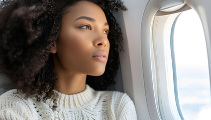 Young woman looking out window in airplane during flight