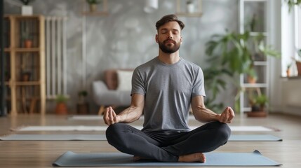 A man is sitting on a mat in a room with plants