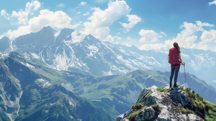 Hiker steep trail trekking poles rocky mountain background