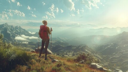 Fototapeta premium Hiker steep trail trekking poles rocky mountain background