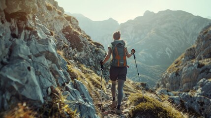 Hiker steep trail trekking poles rocky mountain background