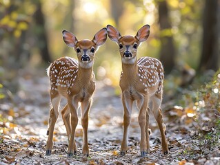 A white-tailed deer fawn and its hind strolling along a quiet woodland path, blending seamlessly with the surrounding nature