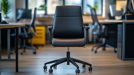 Fototapeta premium Ergonomic Black Office Chair Centered In Modern Business Interior Emphasizing Comfort Productivity And Workplace Design