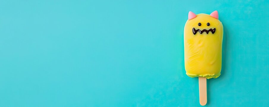 A playful yellow ice cream pop with a monster design, perfect for summer fun and children's treats against a vibrant blue background.