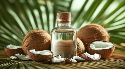 A bottle of coconut oil surrounded by whole and halved coconuts against a backdrop of tropical palm leaves.
