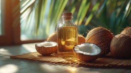 Bottle of coconut oil on a bamboo mat with halved coconuts, illuminated by soft sunlight, creating a warm, tropical atmosphere.
