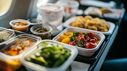 Healthy airplane meal with fresh ingredients served on a tray table, emphasizing nutritious in-flight dining options
