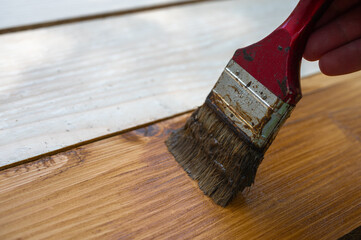 wooden background pine surface, slanted, walnut color, brown, top view of surface protection...