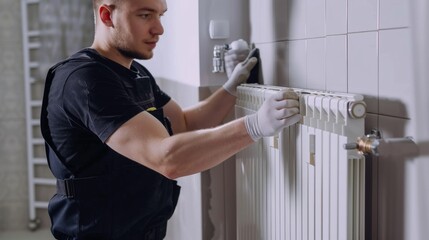 A man in a black uniform and white gloves fixing a heating radiator in a residential room, showing professionalism and dedication to maintenance work.