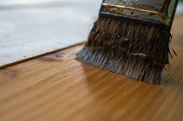 wooden background pine surface, slanted, walnut color, brown, top view of surface protection...