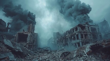 Fototapeta premium A digital image depicts a ruined city with collapsed buildings, debris, and dark smoke, creating an eerie and chaotic atmosphere of destruction and decay.