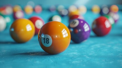 Image of a billiards table with colorful balls, focusing on an orange ball marked 18. Set in a dimly lit hall, suggesting a shallow depth of field for the central ball's detail.