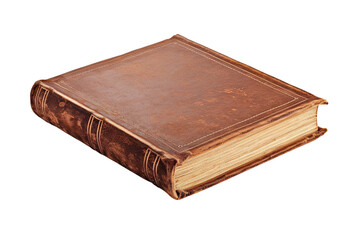 Ancient Leather Bound Book Resting on a Wooden Surface in Soft Natural Light on Transparent PNG Background.