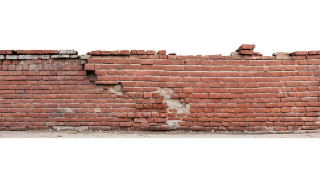 Cracked and falling brick wall, isolated on white background