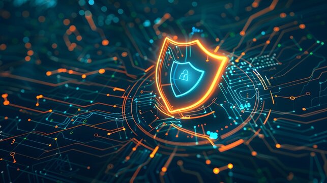 Cybersecurity Shield: A digital shield glows with vibrant blue and orange hues, symbolizing robust protection within a complex network of circuits. It evokes a sense of security, resilience - Powered by Adobe