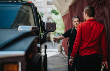 Two coworkers having a discussion outdoors near a parked vehicle. The woman gesturing suggests an important point in the conversation.