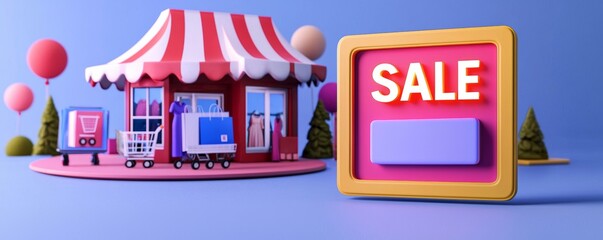 Colorful Digital Illustration of Shopping Kiosk with SALE Sign, Balloons, and Blue Background