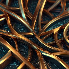 Generate a futuristic abstract background with interlocking geometric shapes in metallic colors.