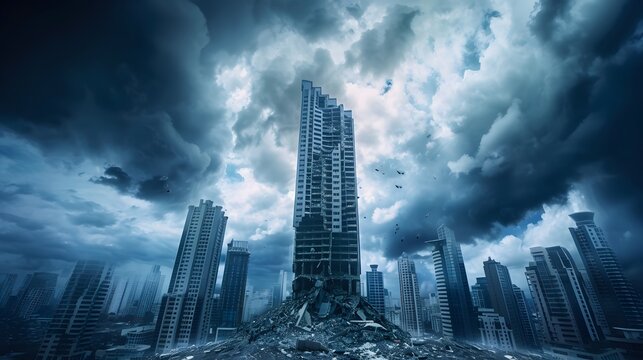 Apocalyptic Skyscraper: A lone, crumbling skyscraper stands amidst a decimated city, ominous storm clouds gathering overhead. 