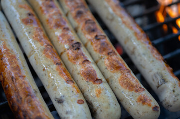fried, baked sausages, sausages on the grill, fires, rest, top view