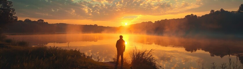 Man Standing by a Serene Lake at Sunrise with Mist and Vibrant Sky Reflections in Nature